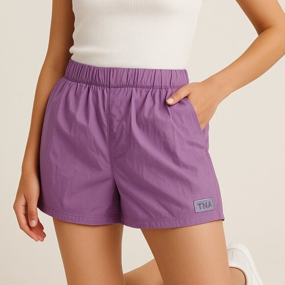 Aritzia TNA Nylon Shorts Women's Size Small Purple High Rise Pull On Pockets